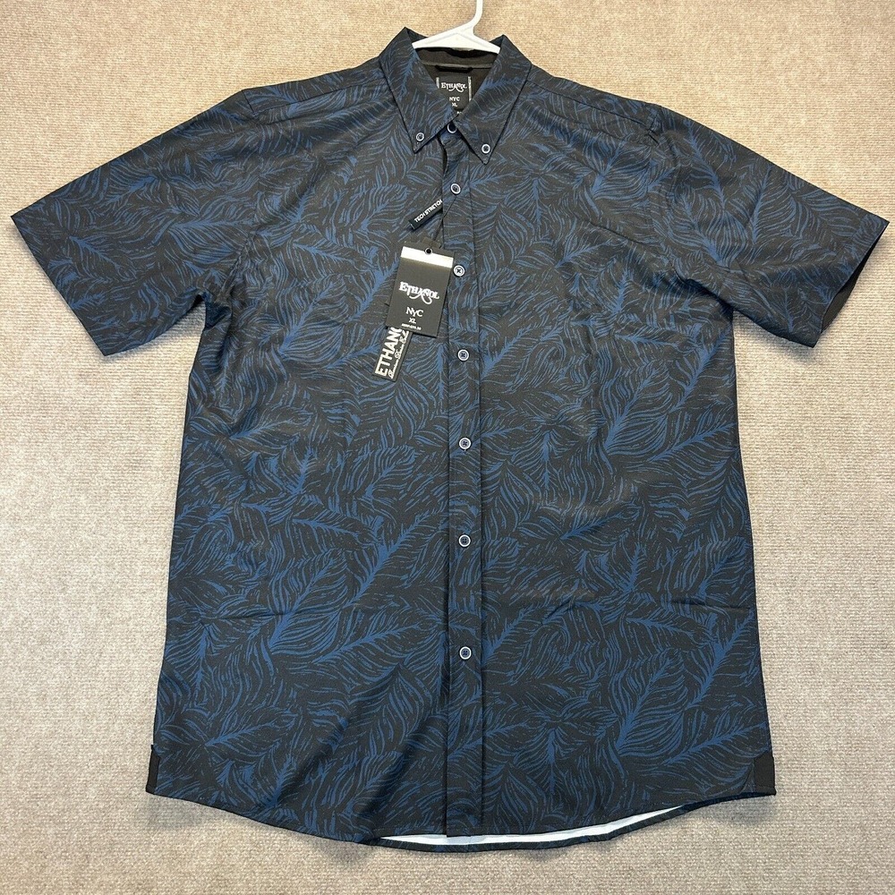 Ethanol NYC Shirt Men's XL SLIM Fit Blue Black Floral Short Sleeve Button Down